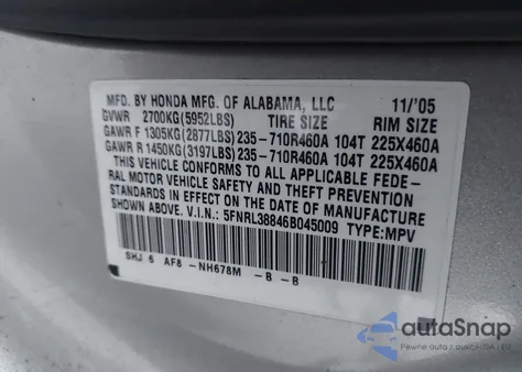 2006 Honda Odyssey Touring z USA, uszkodzony, nr VIN 5FNRL38846B045009